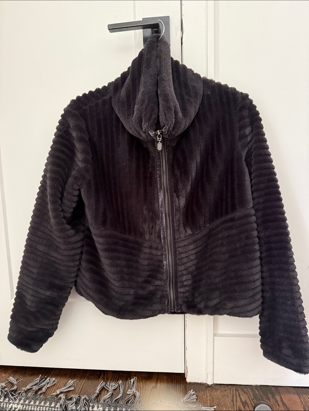 Anthropologie Black Ribbed Teddy Zip-Up Hooded Jacket